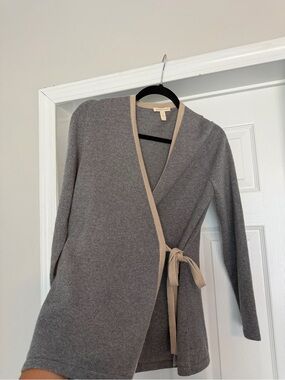 Eileen Fisher Gray Tie Cardigan with Beige Trim